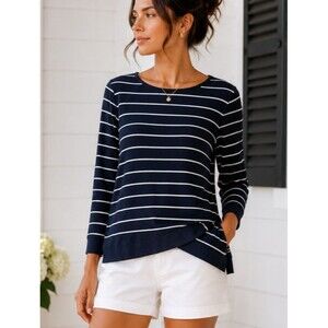 Caslon by Nordstrom Striped Cotton Top Women's XS Navy White Long Sleeve